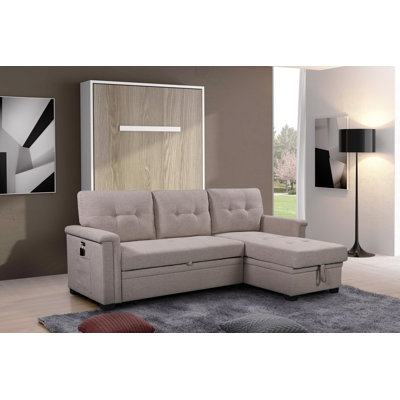 Ashlyn 84"W Light Gray Linen Fabric Reversible Sleeper Sectional Sofa with USB Charging Ports – Convertible Pull-Out Bed, Storage Chaise, Side Pockets, and Medium Firm Cushioning