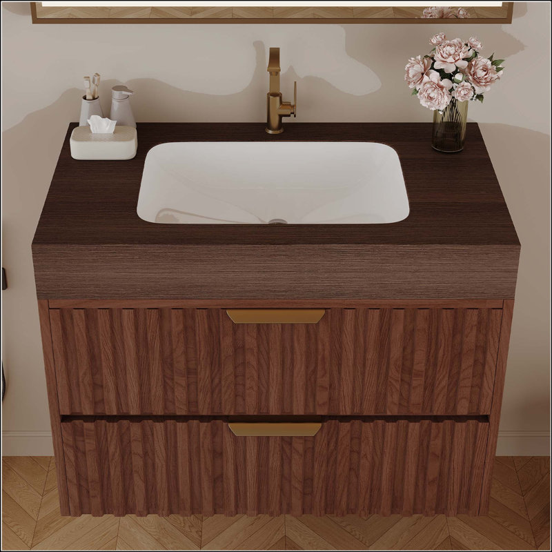 Meuble-lavabo flottant moderne de 30 po avec plateau en pierre frittée sans soudure, Brown