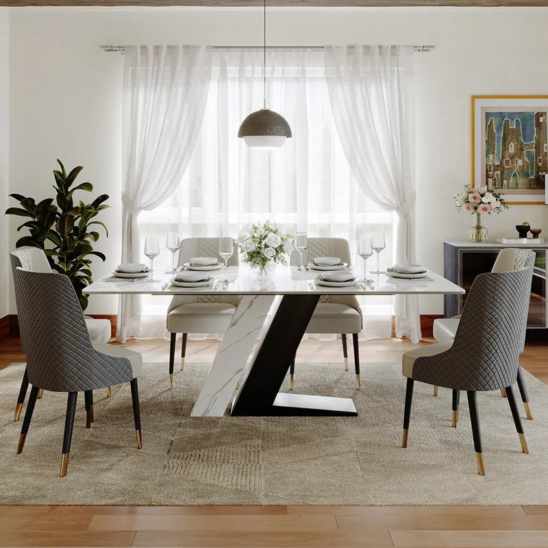  Table de salle à manger Stapp, H 29,53 po x L 70,87 po x l 35,43 po, Noir, Blanc lustré