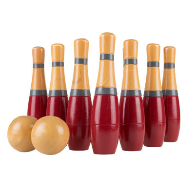 Jeu de quilles en bois pour pelouse - Jeu de quilles pour adultes et enfants avec 10 quilles, 2 balles, sac de transport - Jeux d'intérieur et d'extérieur - Jeux de quilles (rouge)