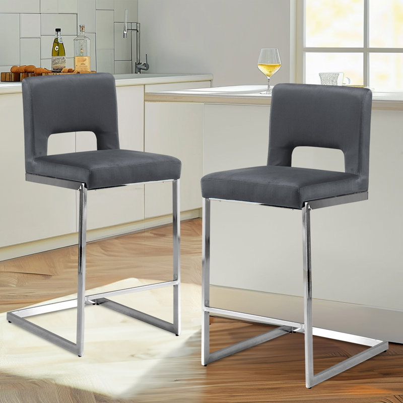 26” Velvet Upholstered Counter Height Bar Stool, Gray