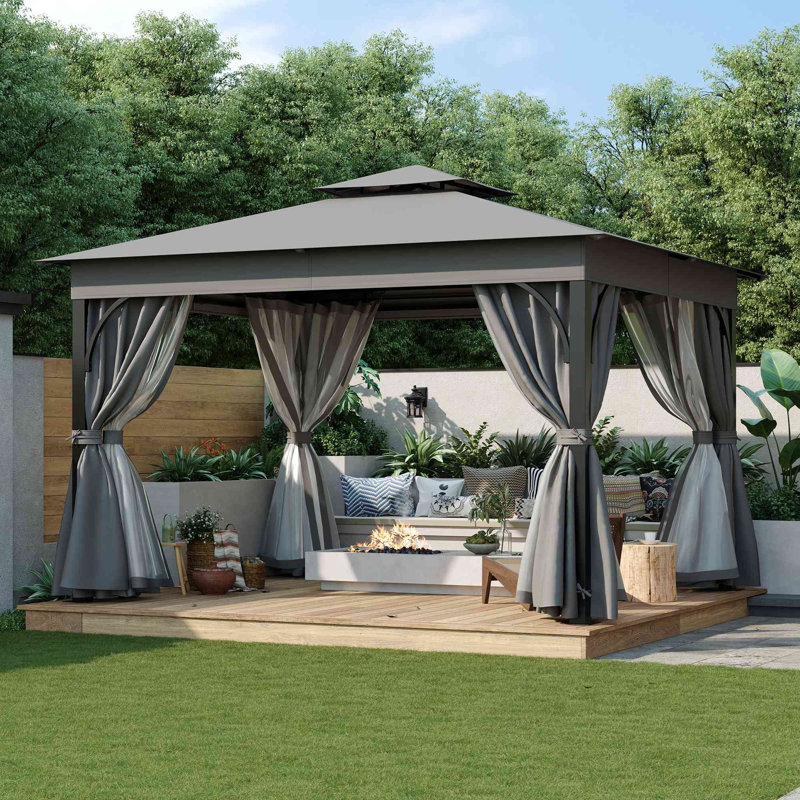 Terrace gazebo with mosquito net and privacy screen, 108" H x 144" W x 120" D, Grey