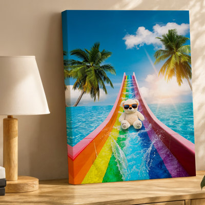 Toile «Un joyeux ours en peluche moelleux» avec art mural en fourrure de couleur crème moelleuse et lunettes de soleil orange vif