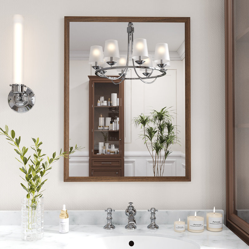 Walnut Wood Grain Framed Rectangle Bathroom Mirror, Wall Mounted Vanity Mirror with 4 MM Tempered Glass, 30" x 22"