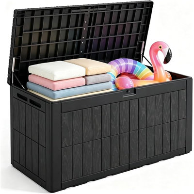 Coffre de terrasse de 100 gallons, coffre de rangement extérieur en résine étanche, contenant de rangement durable pour coussins, outils de jardin, accessoires de piscine et articles saisonniers