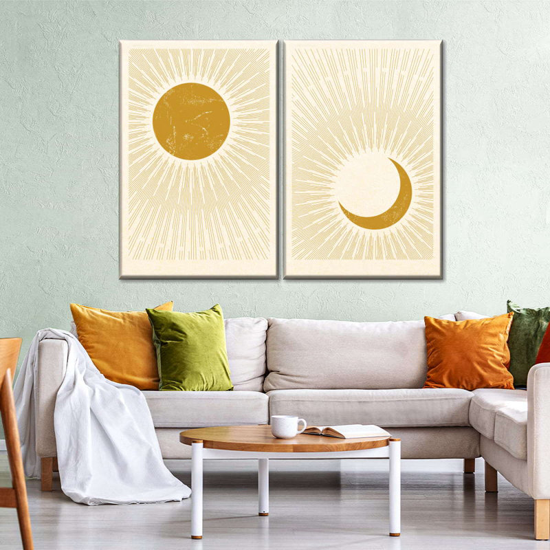 Abstrait soleil et lune sur toile, 2 pièces, H 39 po x l 53 po x P 1,25 po