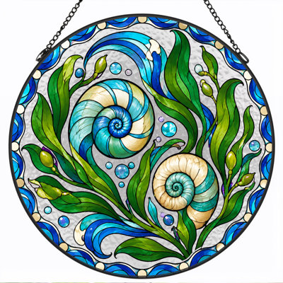 Blue Spiral Seashells and Seaweed Stained Glass Circle Canvas Wall Art
