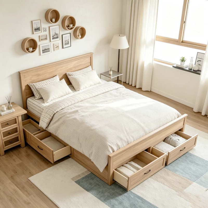 Base de lit en bois avec rangement à 6 tiroirs, lit plateforme avec support en lattes de bois, Dérive en mer