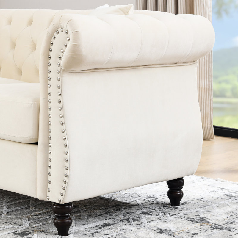 Combinaison 3 + 2 en velours beige élégant et bois massif chaud
