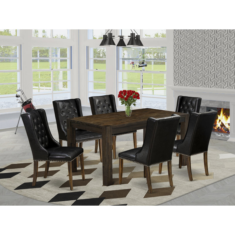 Ensemble de mobilier de salle à manger 7 pièces composé d'une table rectangulaire en bois rustique et de 6 chaises rembourrées en similicuir noir, Jacobean