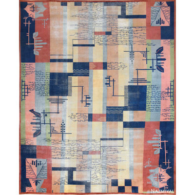 One-of-a-Kind Rectangle 12'4" X 15' 1920s Wool Area Rug in Beige/Blue/Pink