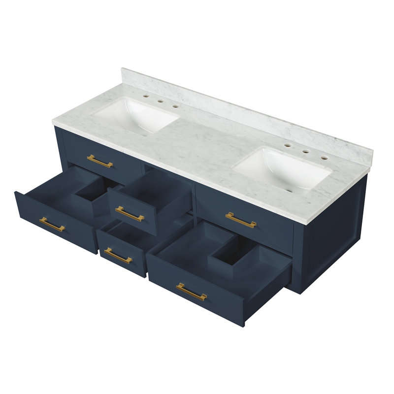 72" Wall-Mounted Double Bathroom Vanity Set with Mirror, White Carrara Marble, Blue