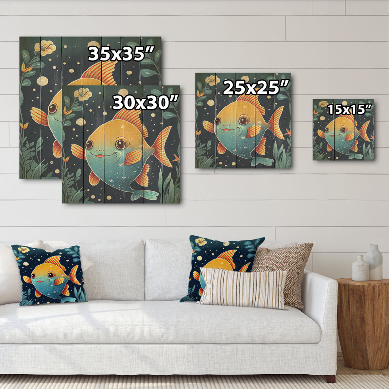 Joli dessin de poisson en orange et bleu - impression sur bois sans cadre, H 16 po x l 16 po x P 1 po