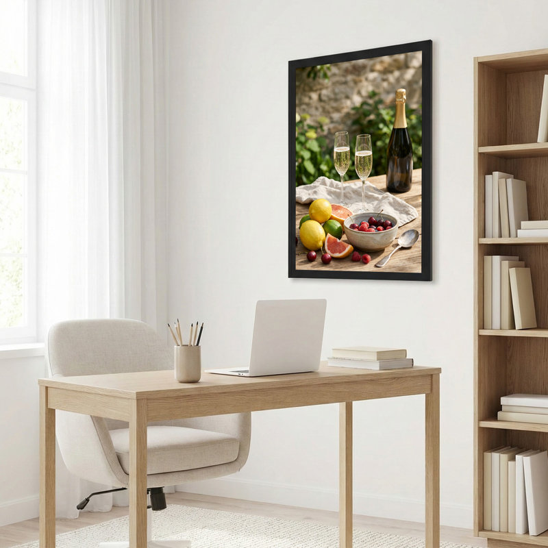 «Mousseux bouteille de vin et verres avec fruits mélangés sur bois», H 24 po x l 16 po