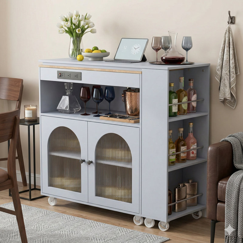 Rolling Kitchen Island with Extendable Table Top, Features LED Lights, Power Outlets, 2 Fluted Glass Doors, Storage Compartment, and 3 Open Side Shelves, on Wheels, Grey
