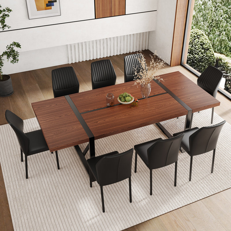 87 Inch Wood Dining Table Set With PU Leather Upholstered Dining Chair, Black, 9 Pieces: Table, 8 Chairs, Walnut