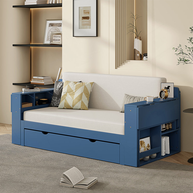 Lit de jour double avec bureau amovible, tiroirs de rangement et table d'appoint hydraulique pour une vie polyvalente, Bleu