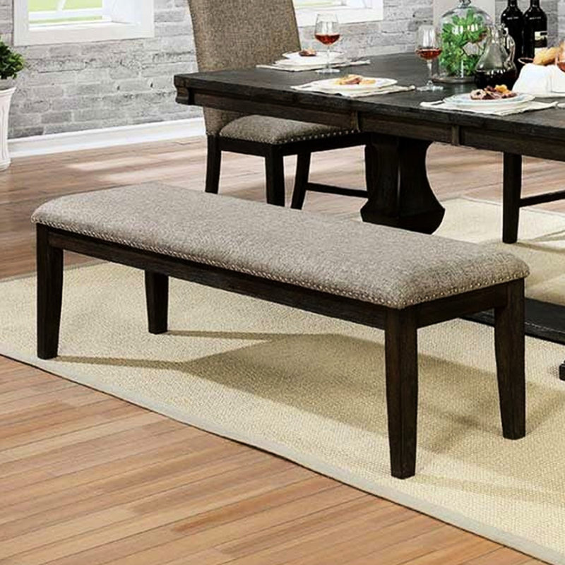 -Colored Solid Wood Bench With Enticing Warm Gray Fabric Seat For Dining Delicate Upholstery