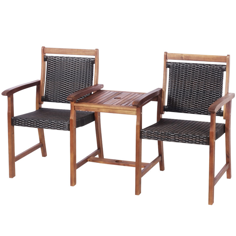 Banc en bois d'acacia de 62 po de largeur avec causeuse en rotin de 62 po avec table et parasol