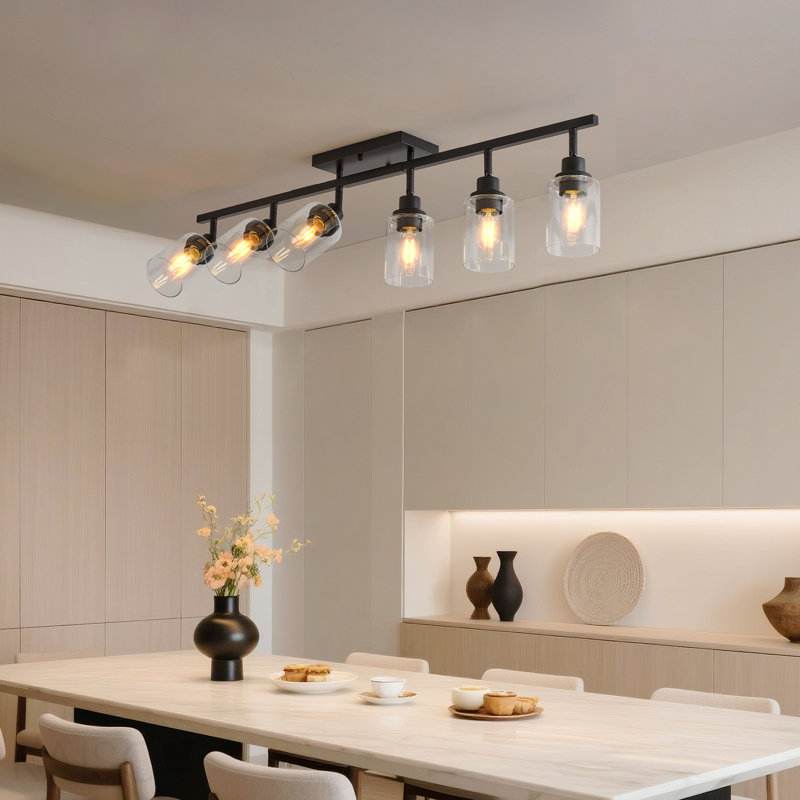 Ensemble d'éclairage sur rail 6 lumières 6 lumières noir Appliques murales de salle de bain Plafonniers de cuisine pour plafond, projecteur rotatif avec abat-jour en verre transparent pour couloir de cuisine