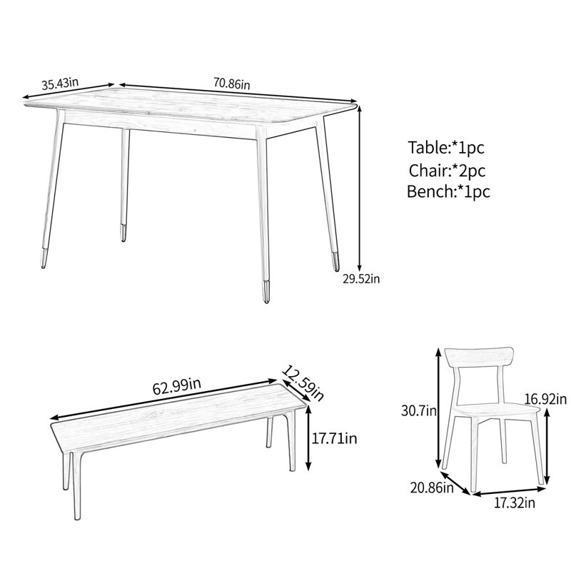 Solid wood table set, 29.52"H x 70.86"L x 35.43"W