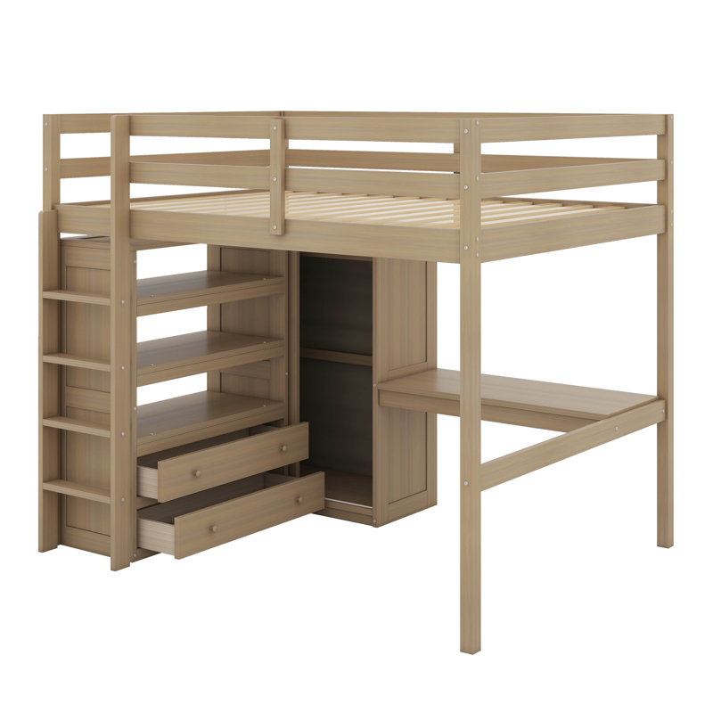 Lit mezzanine double avec bureau, tablettes et tiroirs, Noyer