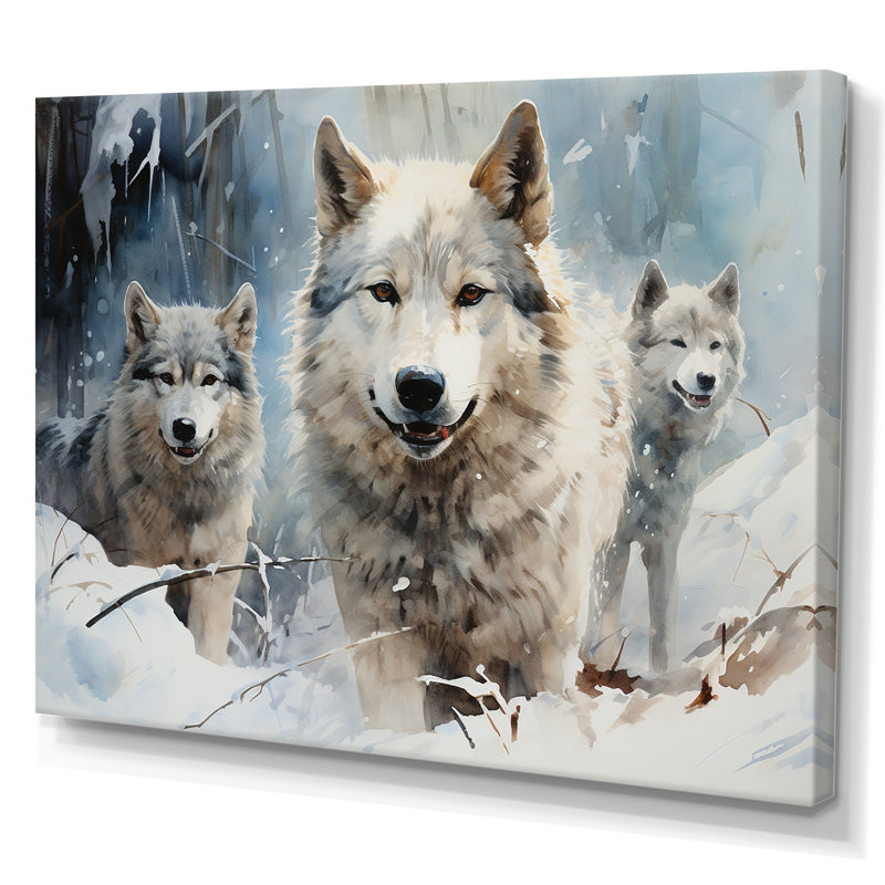 Neige loups en hiver III - loup, art mural, H 16 po x l 32 po x P 1 po, Toile tendue