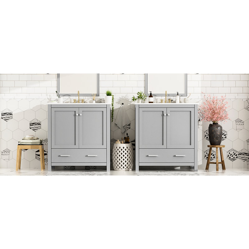 Meuble-lavabo double 60 po gris, lavabos en céramique et tablette réfléchie - style contemporain, choix de rangement pratique