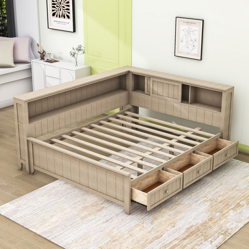 Lit de jour en bois avec tablettes et tiroirs de rangement, Double