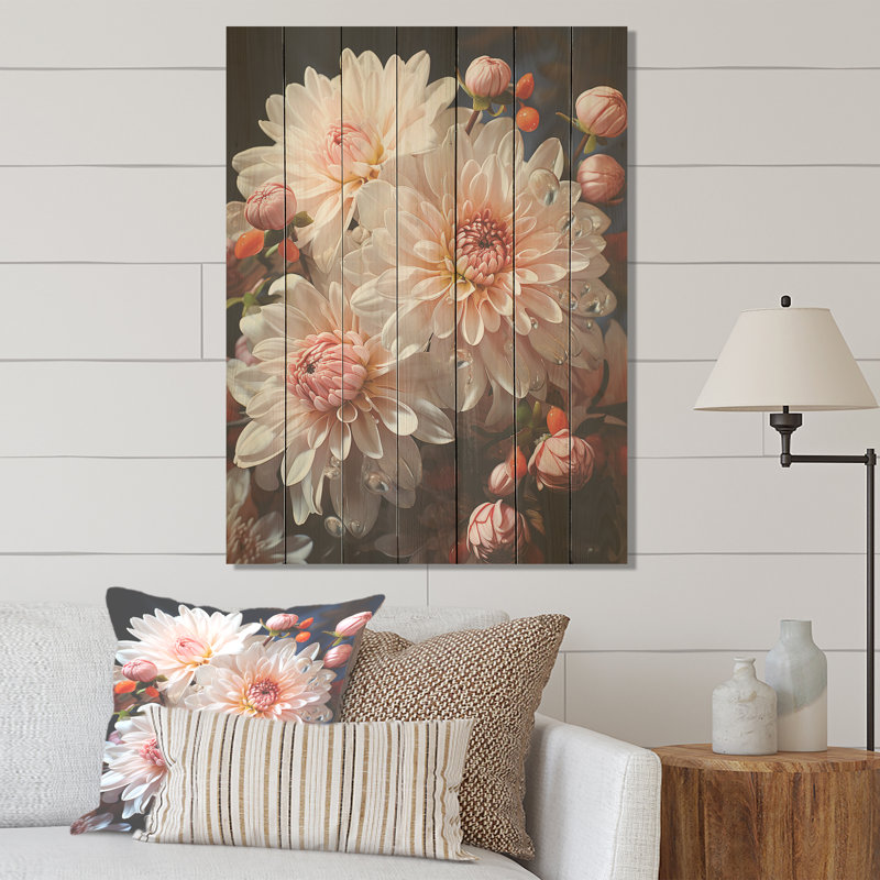 Rose et blanc fleurissant des chrysanthèmes - impression de chrysanthèmes sur bois, H 32 po x l 24 po