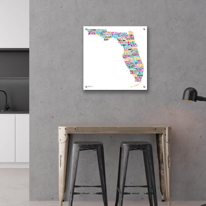 Art mural en verre épique «Florida Map» par Molly Mattin, 24 po x 24 po, H 24 po x l 24 po