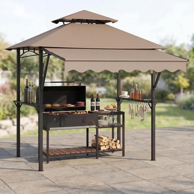 Pavillon de jardin de 8 pi x 5 pi avec auvent extra large de 7 pi x 3 pi, pavillon de jardin à 2 niveaux avec tablettes, crochets et lumières DEL, auvent de barbecue extérieur à cadre en métal pour le jardin au bord de la piscine