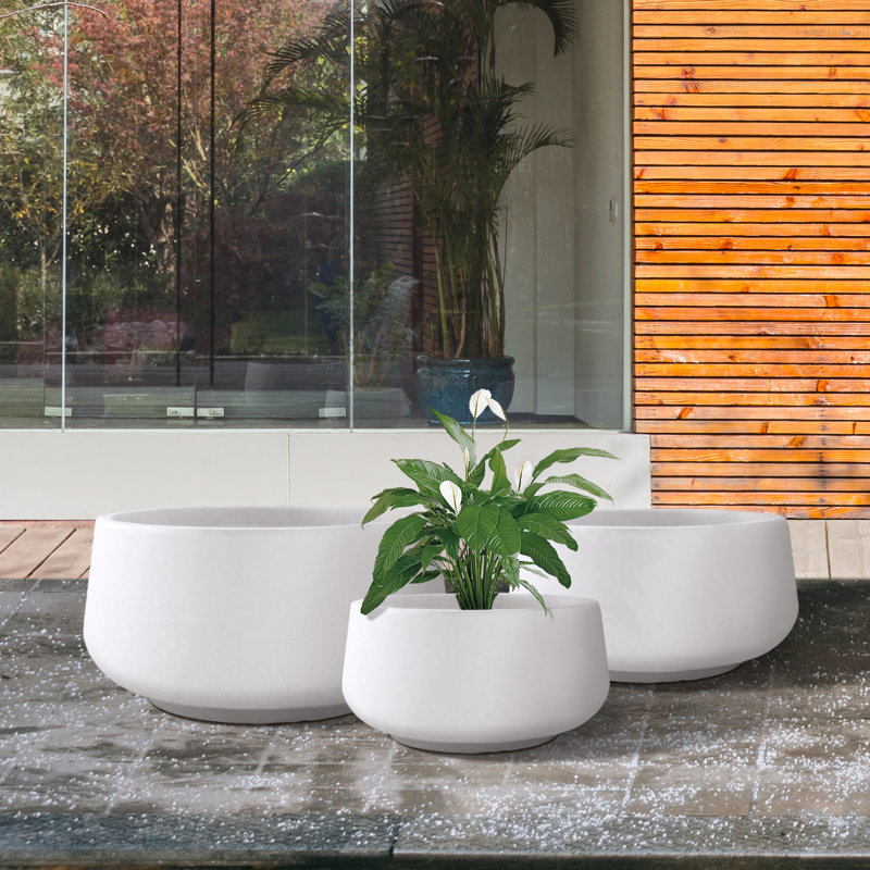 Wurster 3 Piece 21.6", 16.9", and 12.5"W Round Concrete Elegant Planters, Outdoor Indoor Modern Planter Pots, Lightweight, Weather Resistant, Seamless with Drainage Hole Set