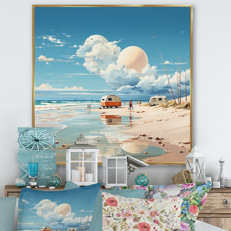 Beachside Camping Getaway 2 - fruits, art mural, Cadre flottant doré, H 30 po x l 30 po x P 1,5 po