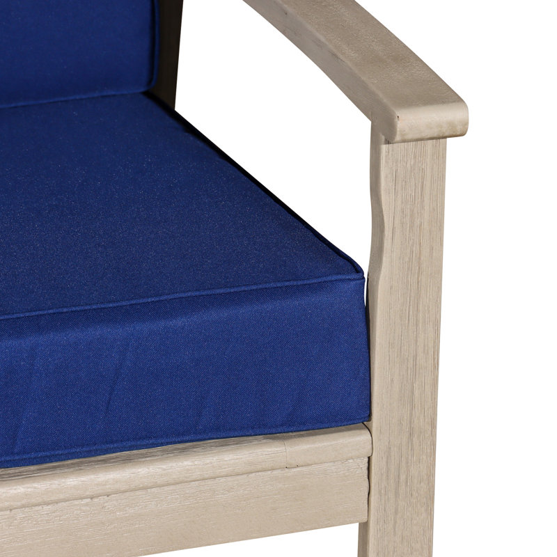 Eucalyptus avec coussins bleu marine, surface grise en bois flotté pour une finition de détente en plein air - preuve de la pourriture