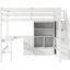 Lit mezzanine double avec bureau en forme de L, tiroirs, armoire et escalier de rangement élégant au design charmant et peu encombrant