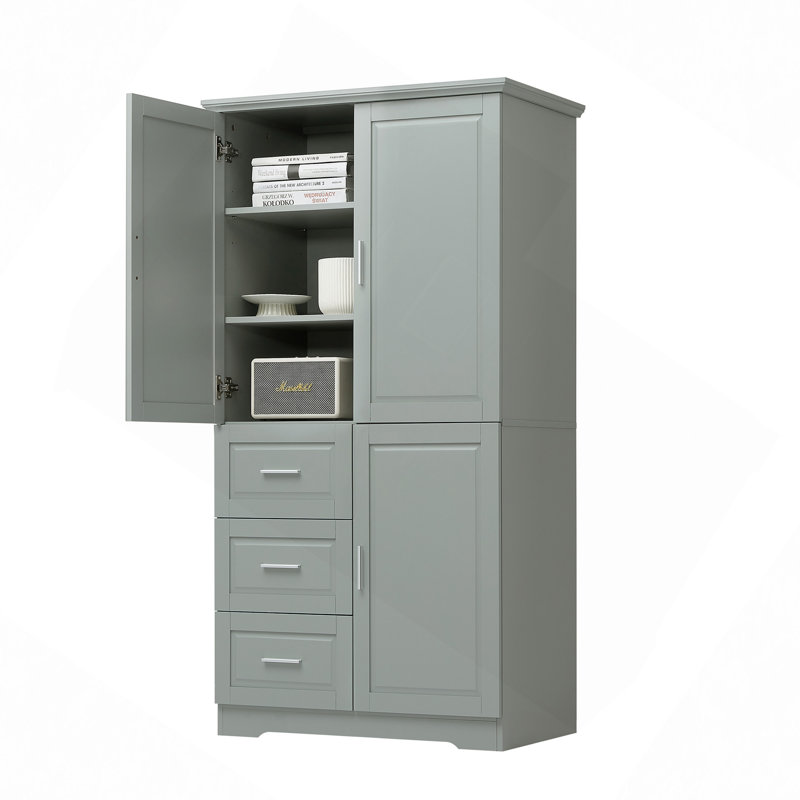 Tall And Wide Storage Cabinet With Doors For Bathroom/Office, Three Drawers, Gray