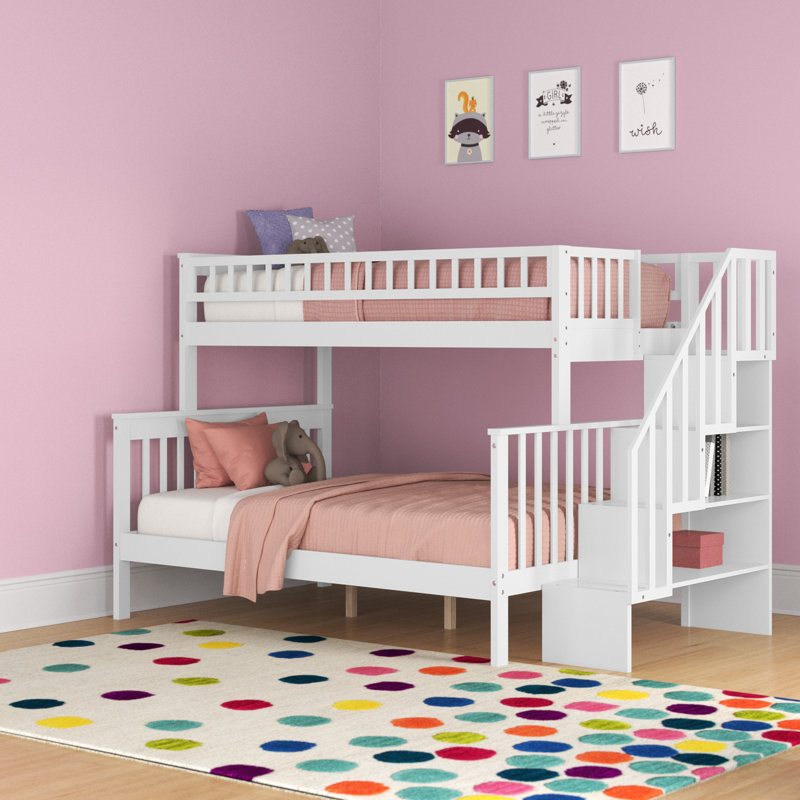 Lit superposé simple au-dessus de double en bois avec tablettes de rangement Doniqua, Blanc