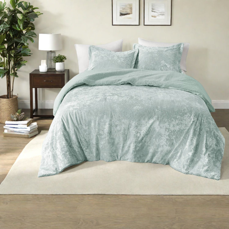 Ensembles de literie en velours de sherpa écrasé Cozy, édredon réversible pour lit double Aqua