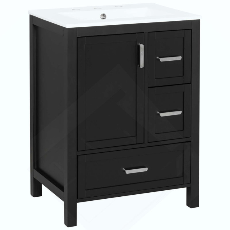 Meuble-lavabo moderne avec lavabo en céramique, porte à fermeture douce, tablette de porte double couche et 3 tiroirs, Noir