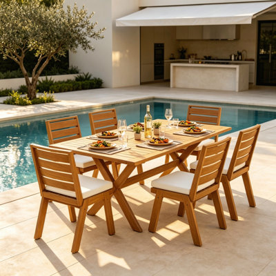 7-Piece Acacia Wood Outdoor Dining Set, Large Rectangular Patio Table and 6 Ergonomic Chairs with Soft Beige Foam Cushions, Weather Resistant American Traditional Furniture for Backyard Garden Poolside Deck