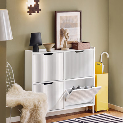 Narrow Shoe Cabinet with Flip Drawers, Slim Entryway Shoe Storage for Hallway, Small Space,Shoe Rack Cabinet with 4 Drawers,White,Wave Pattern,39.4"W x 7.5"D x 35.4"H