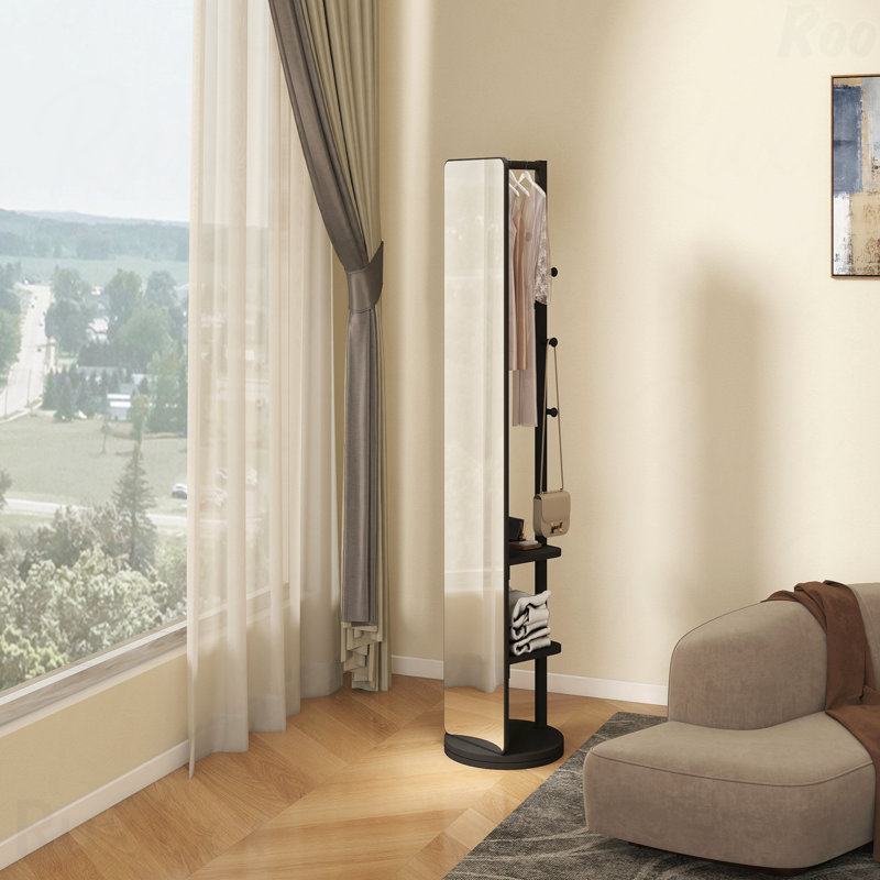 66"X14" 360掳 Rotating Solid Wood Full-Length Accent Mirror - Hook Storage Rack Coat Rack, Black, 65.75" x 17.72"