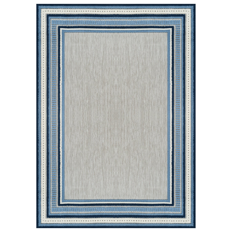 Coastal Border Ivory/Navy Indoor/Outdoor High-Low Area Rug, Rectangle 2' x 3', Navy