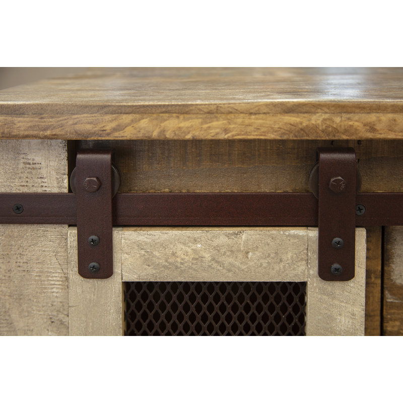 Rustic Multicolor Solid Wood End Table with Iron Mesh Door