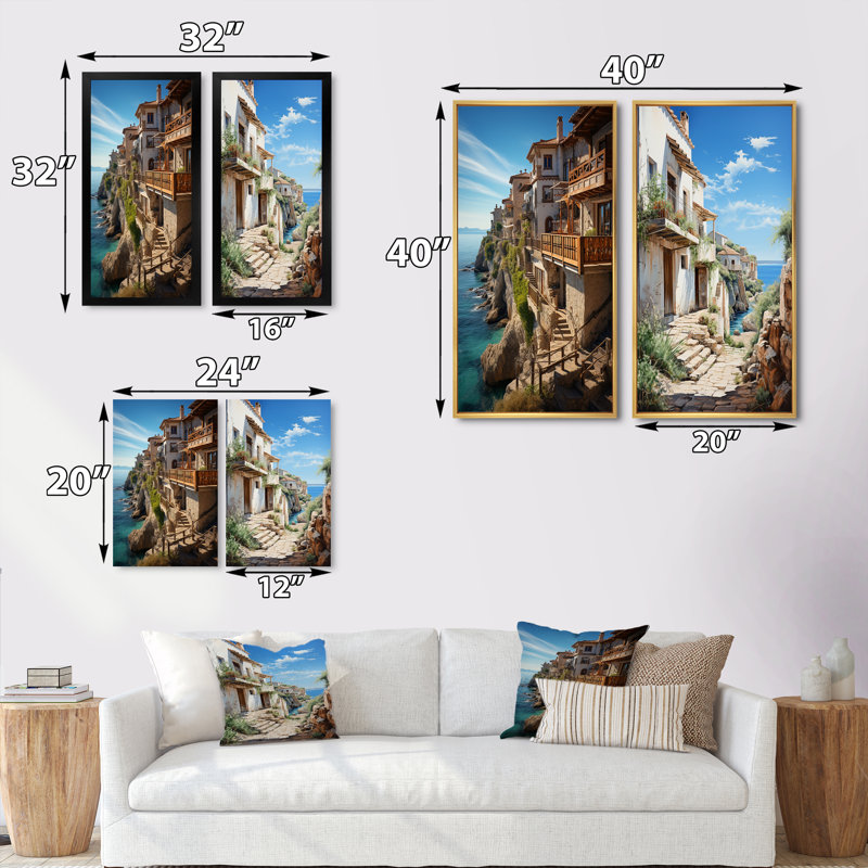 «Espagne Azure Coastline Village», 2 pièces, Encadrement doré, H 24 po x l 20 po