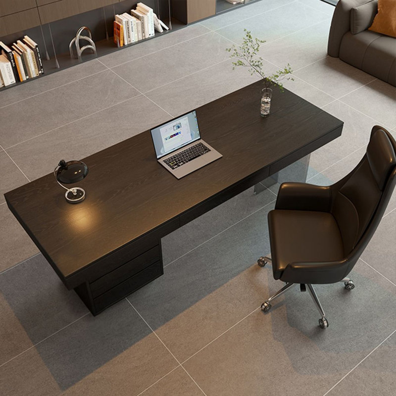 Black + Gray Rectangular Solid Wood + Acrylic with 6 drawers desk, 29.53" H x 55.12" W x 27.56" D, Left Hand Return
