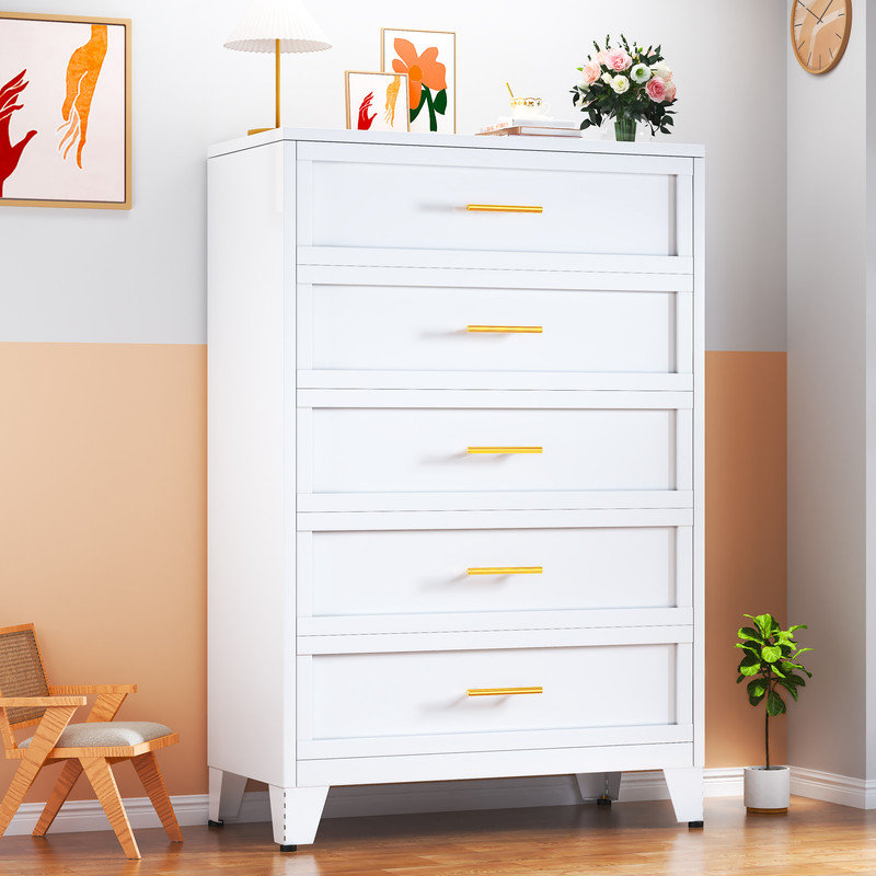 5-Drawer Metal Bedroom Dresser Closet Drawers Chest For Collection And Stoarge, White