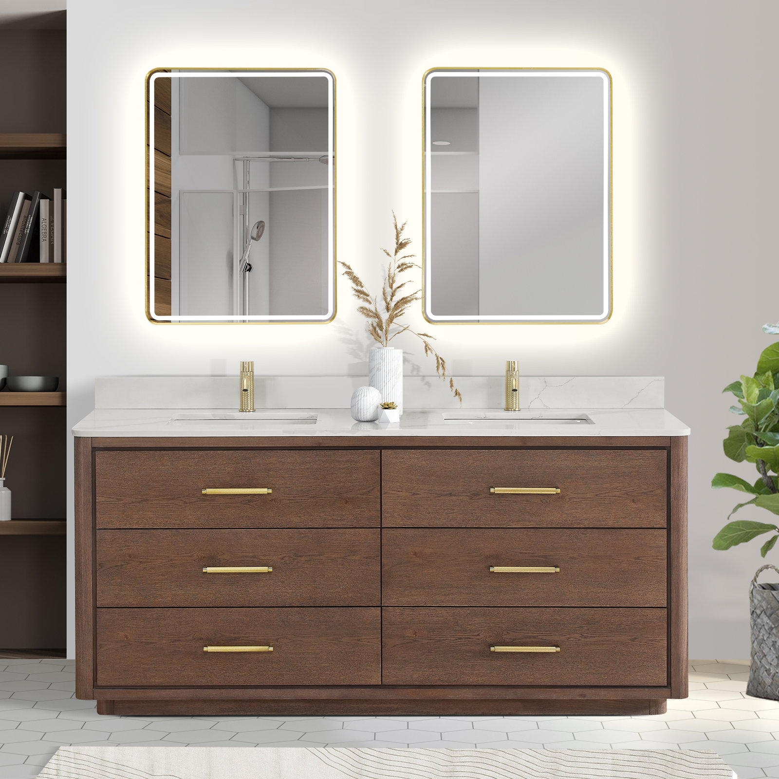 Porto 72'' Double Bathroom Vanity, Dark Brown Oak, Gold