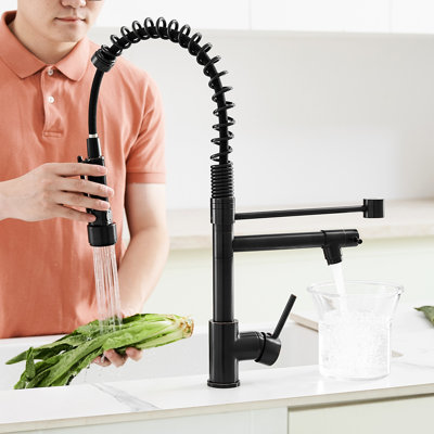 Robinet de cuisine rétractable, couleur bronze huilé, poignée simple, rotation 360 °, robinet en céramique, robinet d'équipement moderne avec douchette en bronze, levier de poignée, degré contemporain